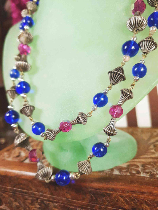 Vintage 1960s Boho Bead Necklace 38" Pink Blue Aurora Borealis AB Bohemian