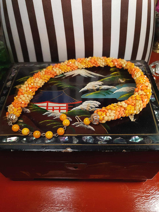 Vintage 1960s Orange Bead Necklace Choker Retro Hong Kong Signed