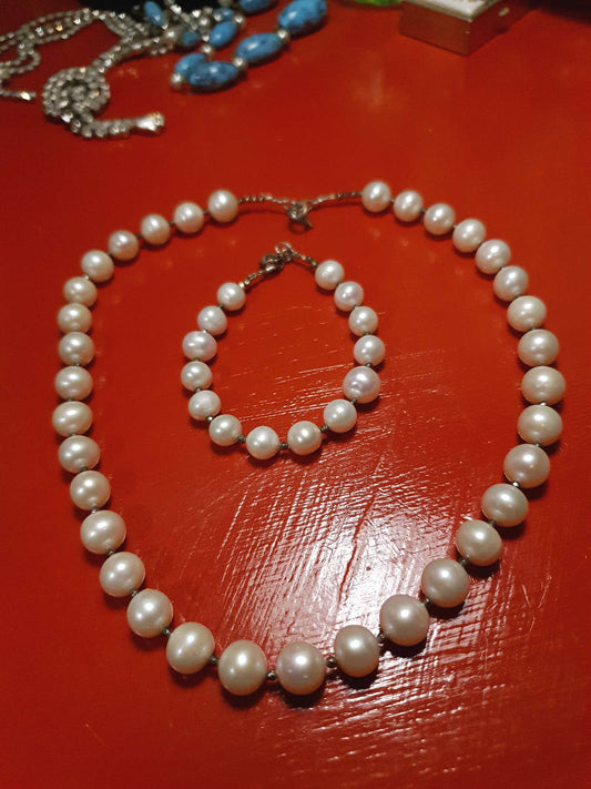Vintage 1960s Pearl Set Demi Parure Pearls Necklace Bracelet Sterling Silver