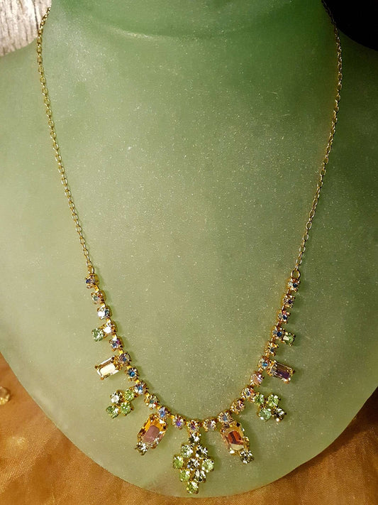 Gorgeous 1960s Vintage Aurora Borealis and Green Rhinestone Necklace