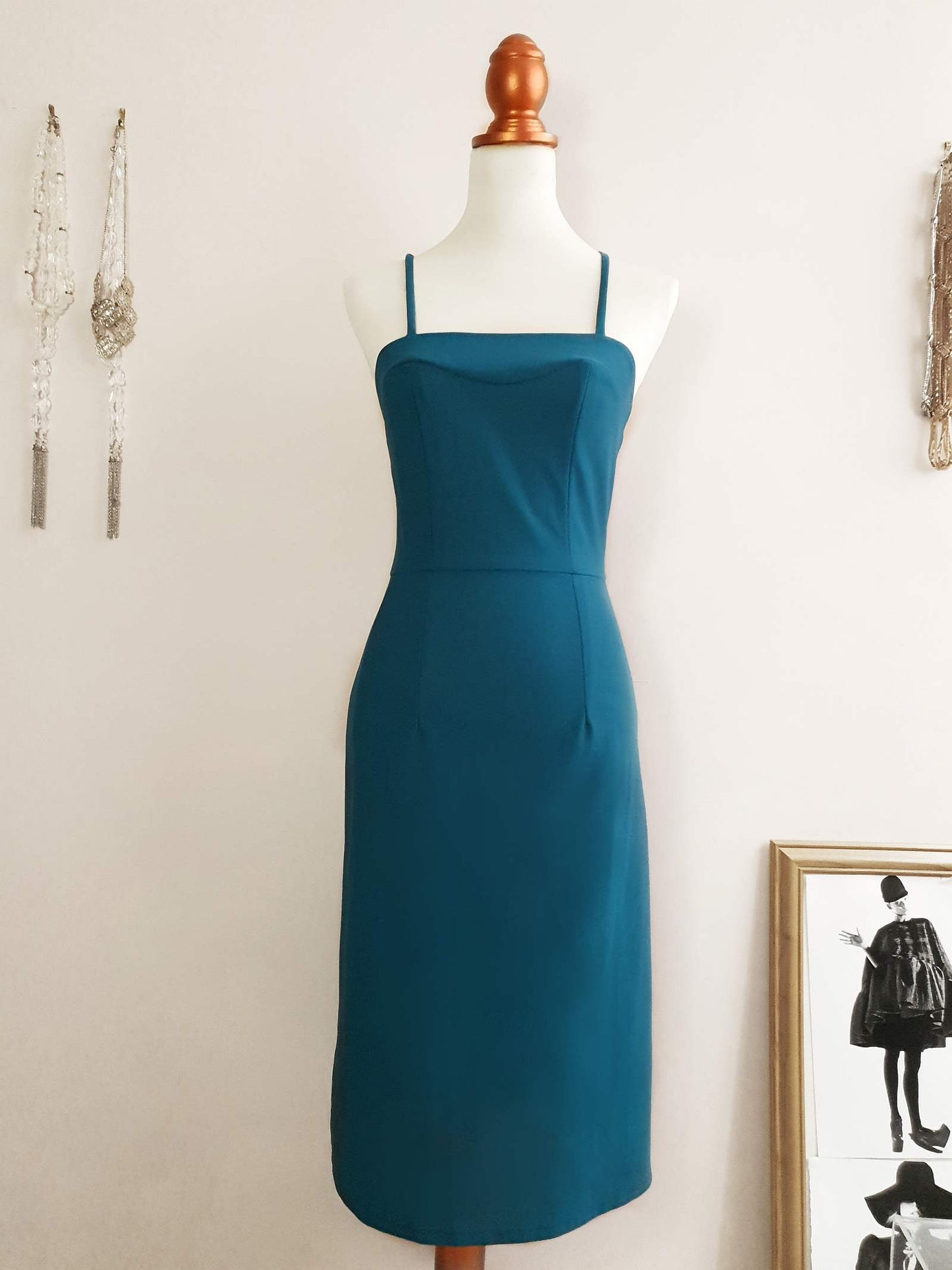 Beautiful 70s Vintage Deep Aqua Dress & Matching Jacket - Size 10/12