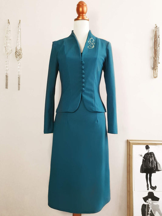 Beautiful 70s Vintage Deep Aqua Dress & Matching Jacket - Size 10/12
