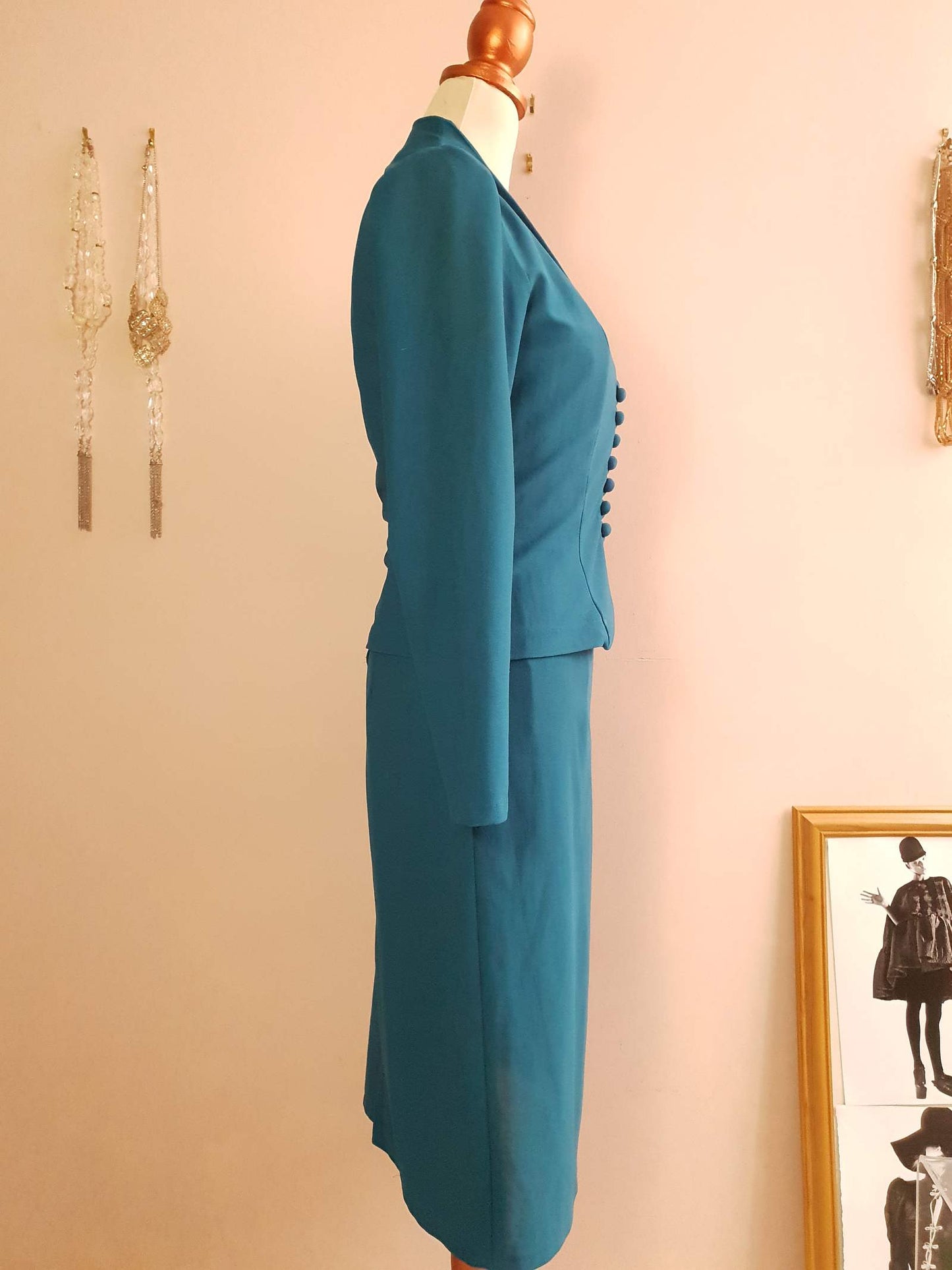 Beautiful 70s Vintage Deep Aqua Dress & Matching Jacket - Size 10/12