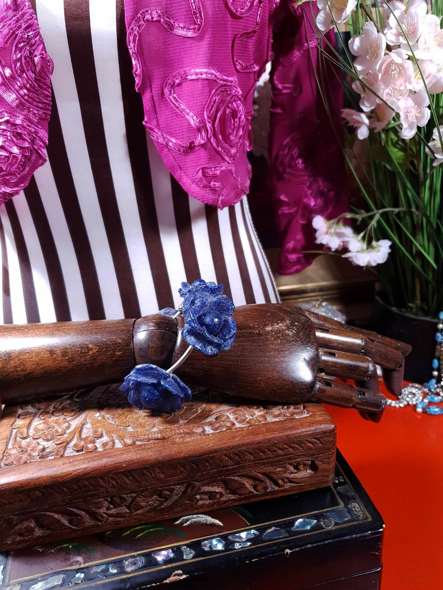 Vintage 1970s Carved Rose Bracelet Charm Bangle Blue Bells Boho Floral Flower