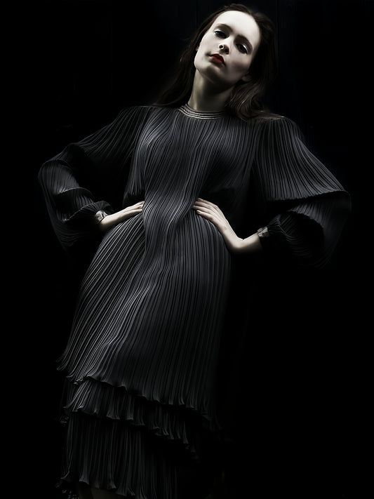 Vintage Grey Pleat Dress Parigi 1970s Chiffon Evening Party - Size 12 Midi