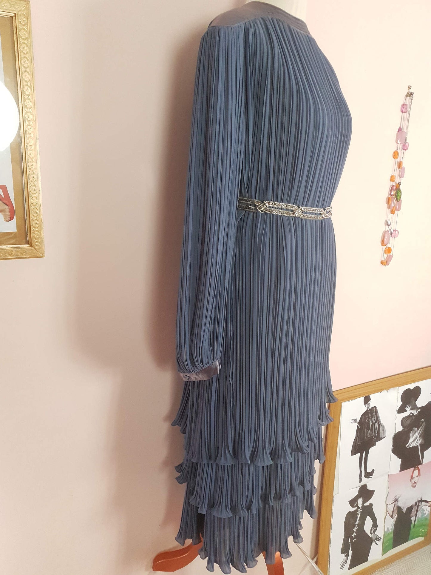 Vintage 1970s Grey Pleat Dress Parigi Chiffon Evening Party