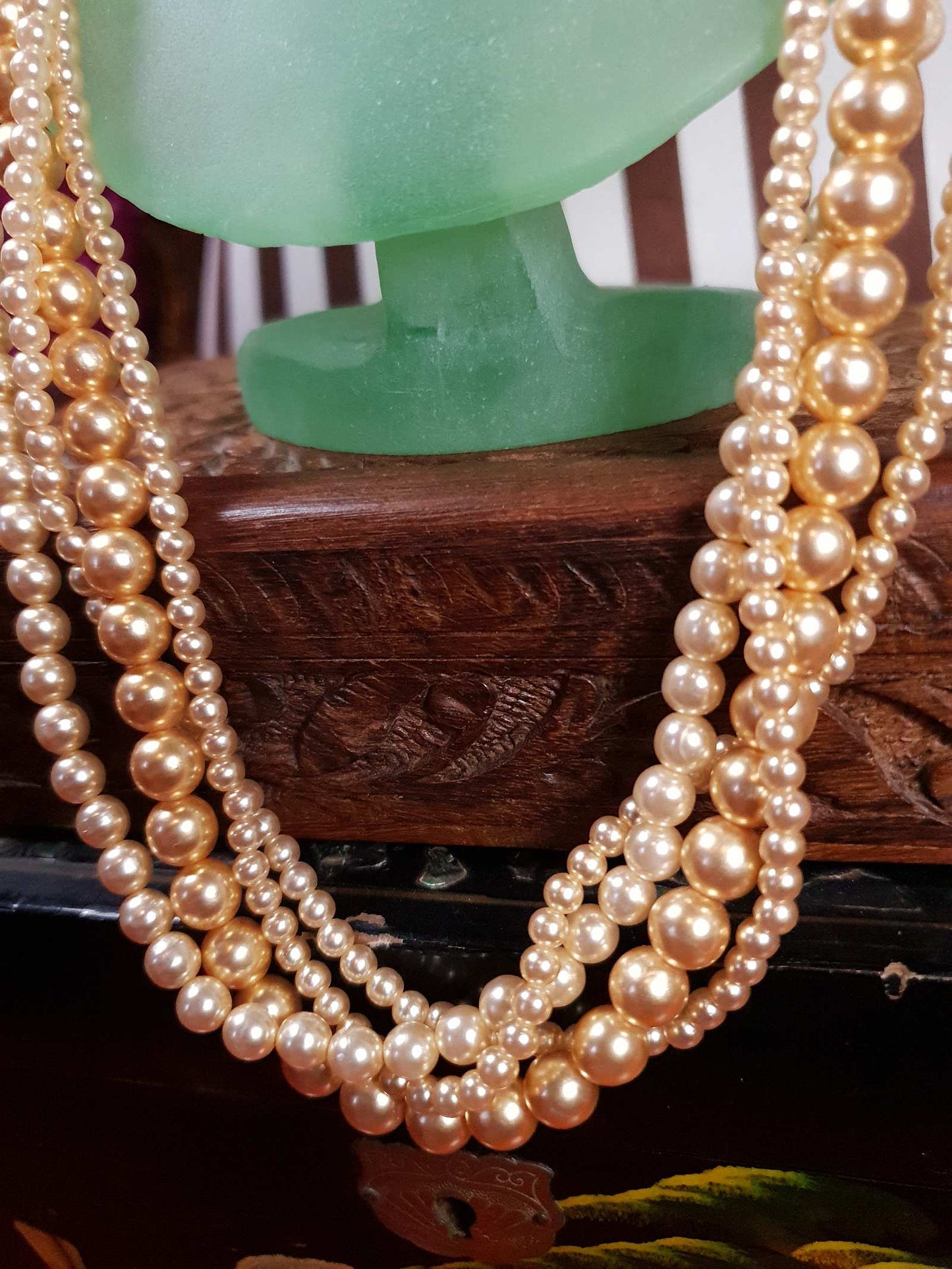 Vintage 1970s Faux Pearl Necklace 24" Peach Four Strand Pearls