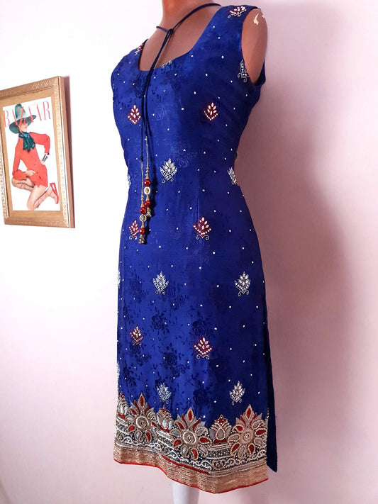 1970s Vintage Purple Silk Kaftan Boho Dress Beaded Rhinestone - Size 10 Bohemian