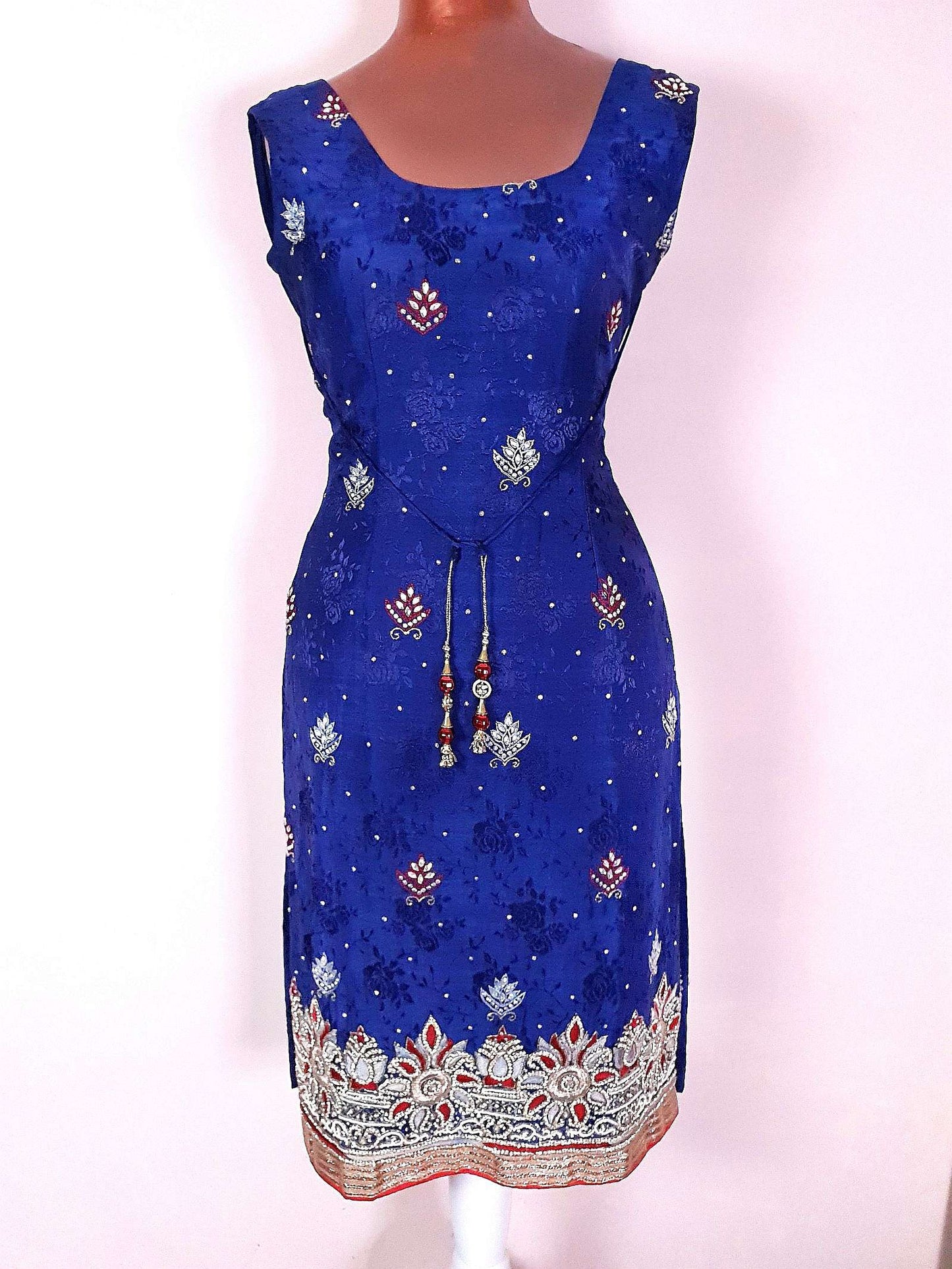 1970s Vintage Purple Silk Kaftan Boho Dress Beaded Rhinestone - Size 10 Bohemian