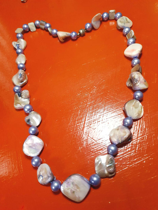 Vintage 1970s Abalone Shell Necklace 20" Purple Glass Pearl Boho