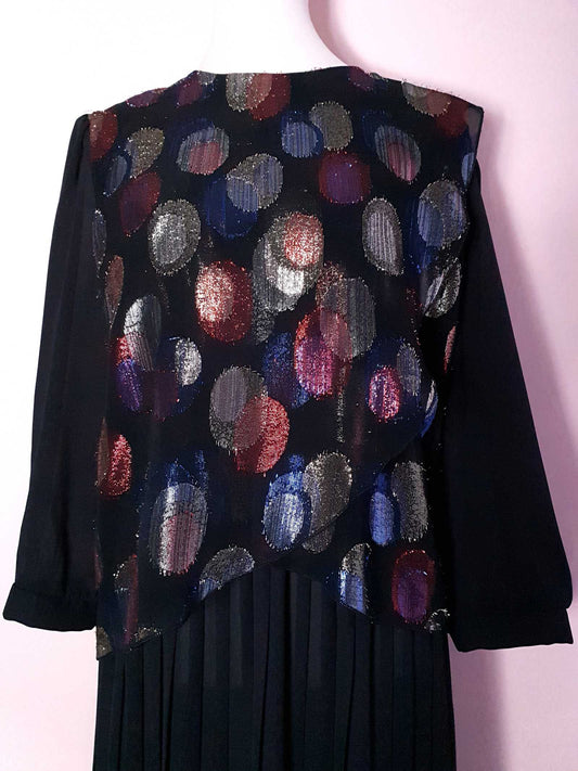 Glitzy vintage 1970s Glitter Circle Black Chiffon Pleated Party Dress - Size 16