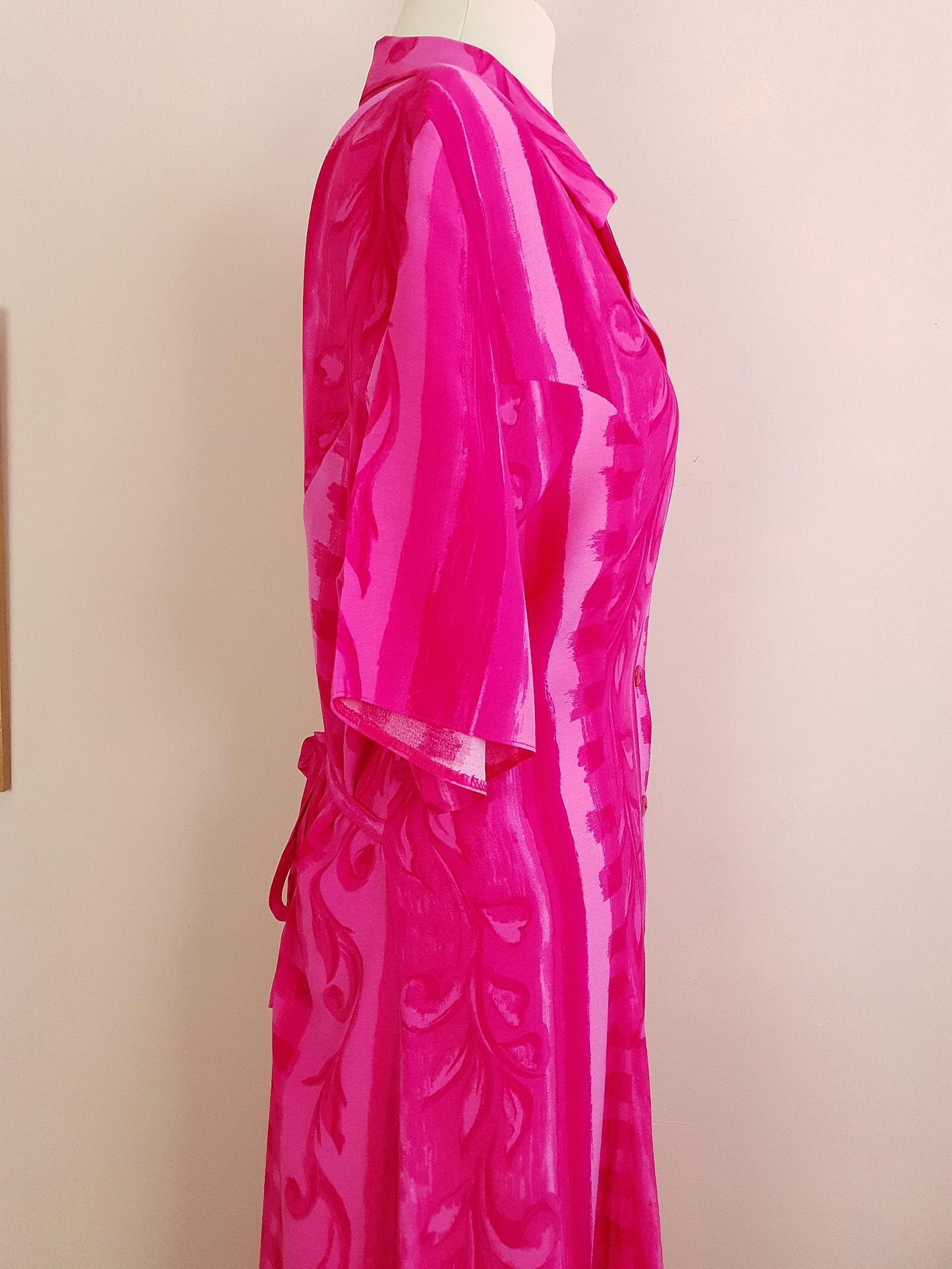 Vintage 1980s Cerise Pink Dress Midi Size 16 Retro Stripes Leaves