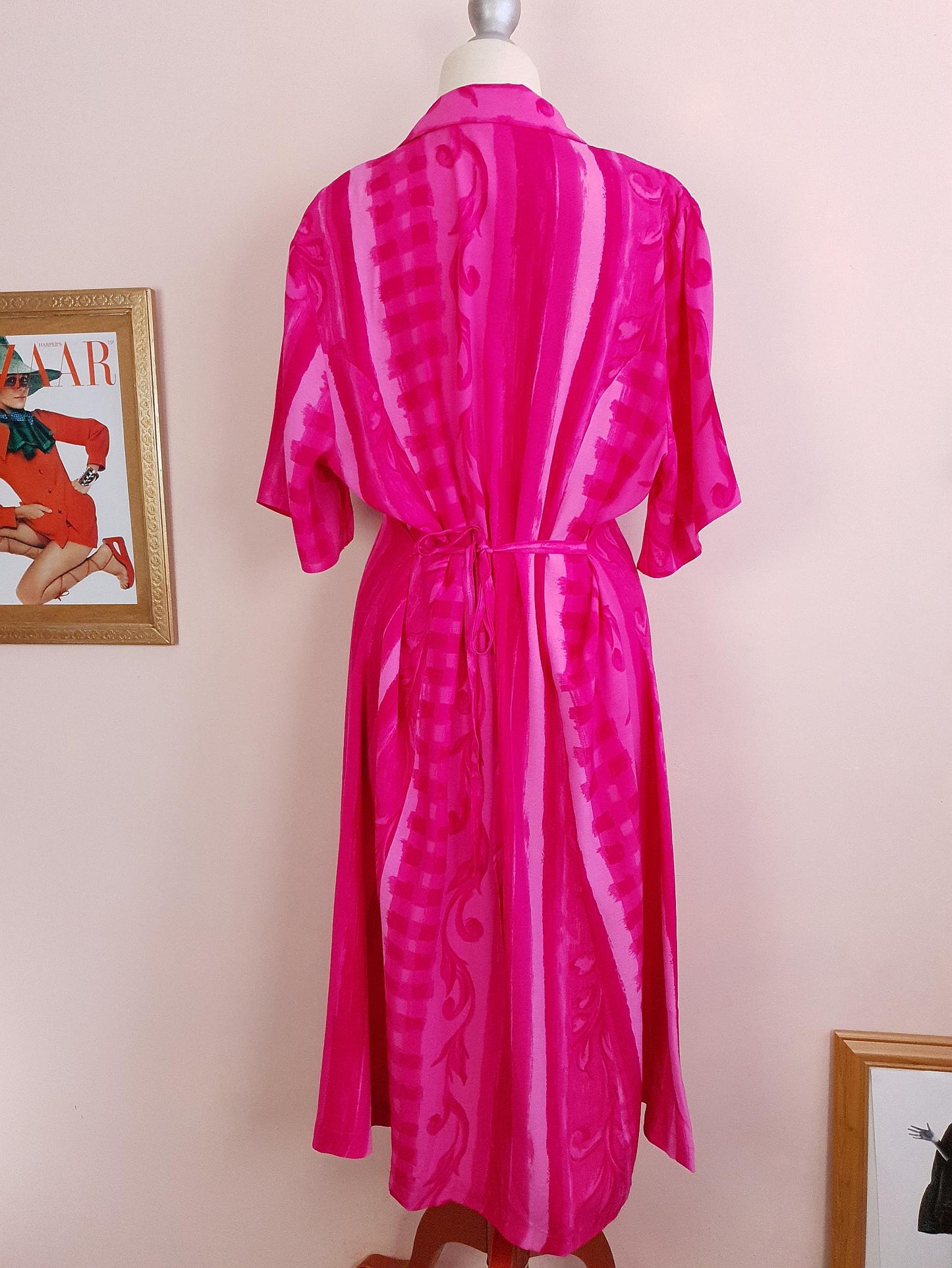 Vintage 1980s Cerise Pink Dress Midi Size 16 Retro Stripes Leaves