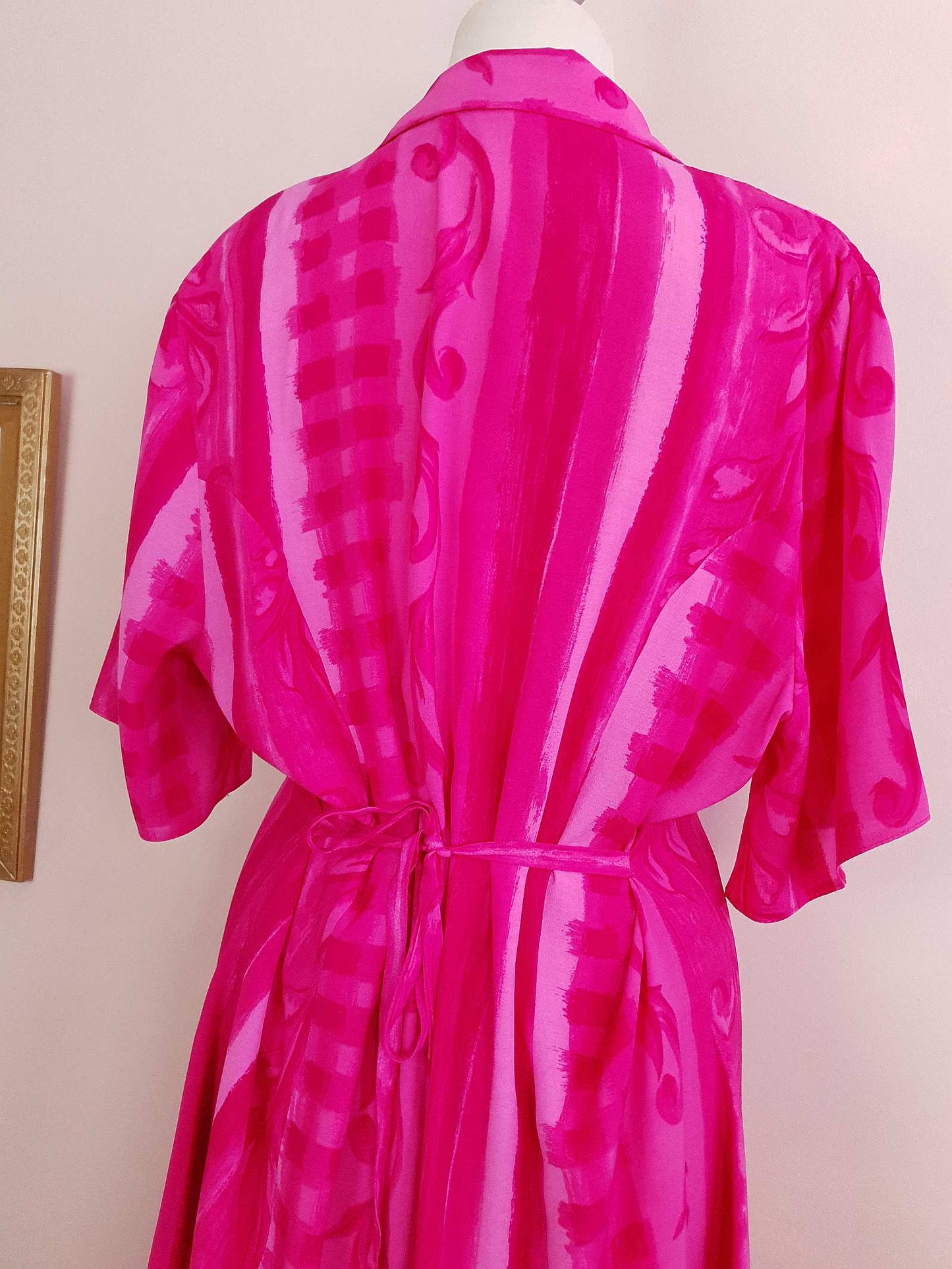 Vintage 1980s Cerise Pink Dress Midi Size 16 Retro Stripes Leaves