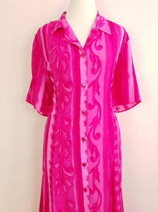 Vintage 1980s Cerise Pink Dress Midi Size 16 Retro Stripes Leaves
