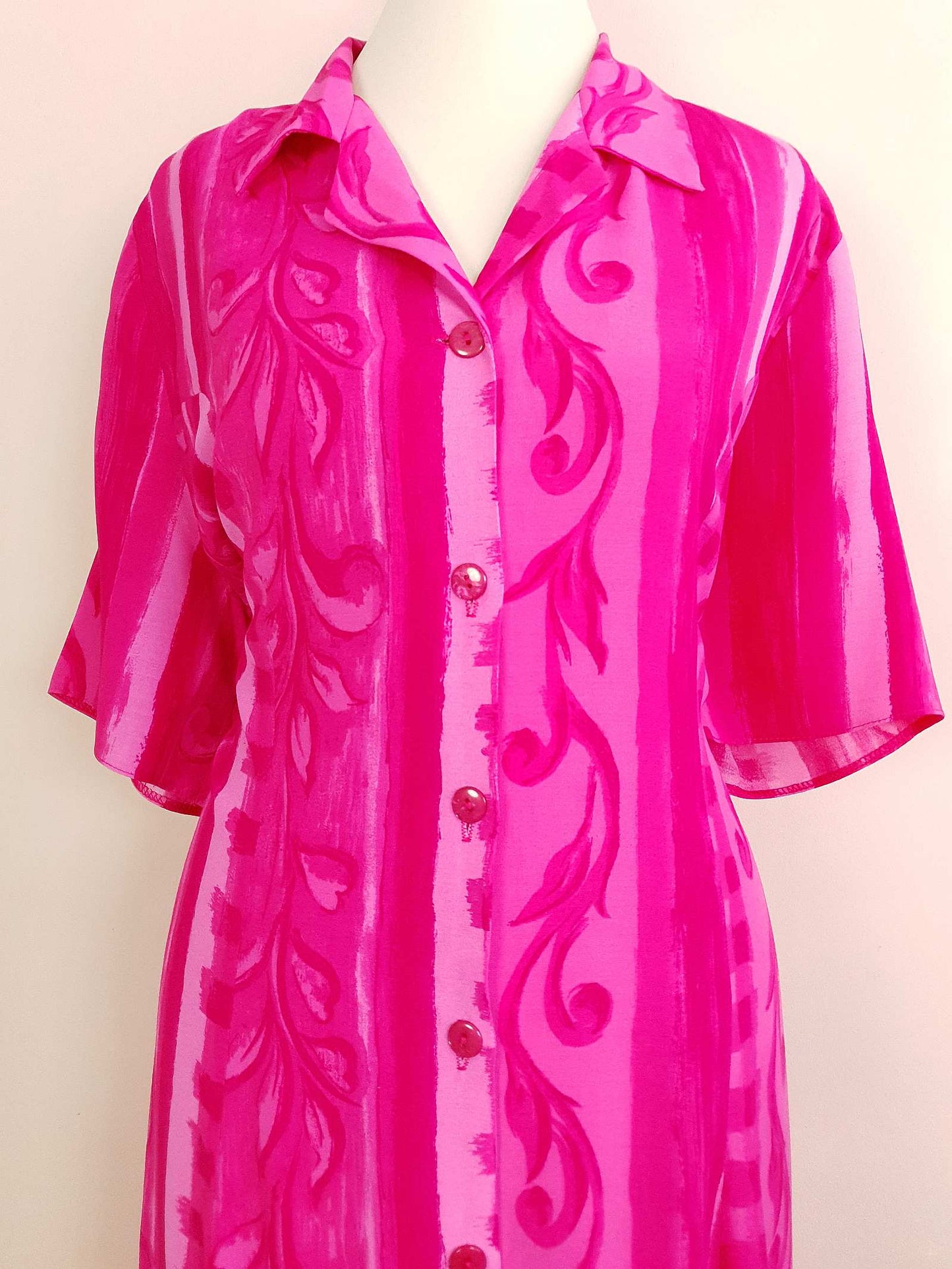 Vintage 1980s Cerise Pink Dress Midi Size 16 Retro Stripes Leaves