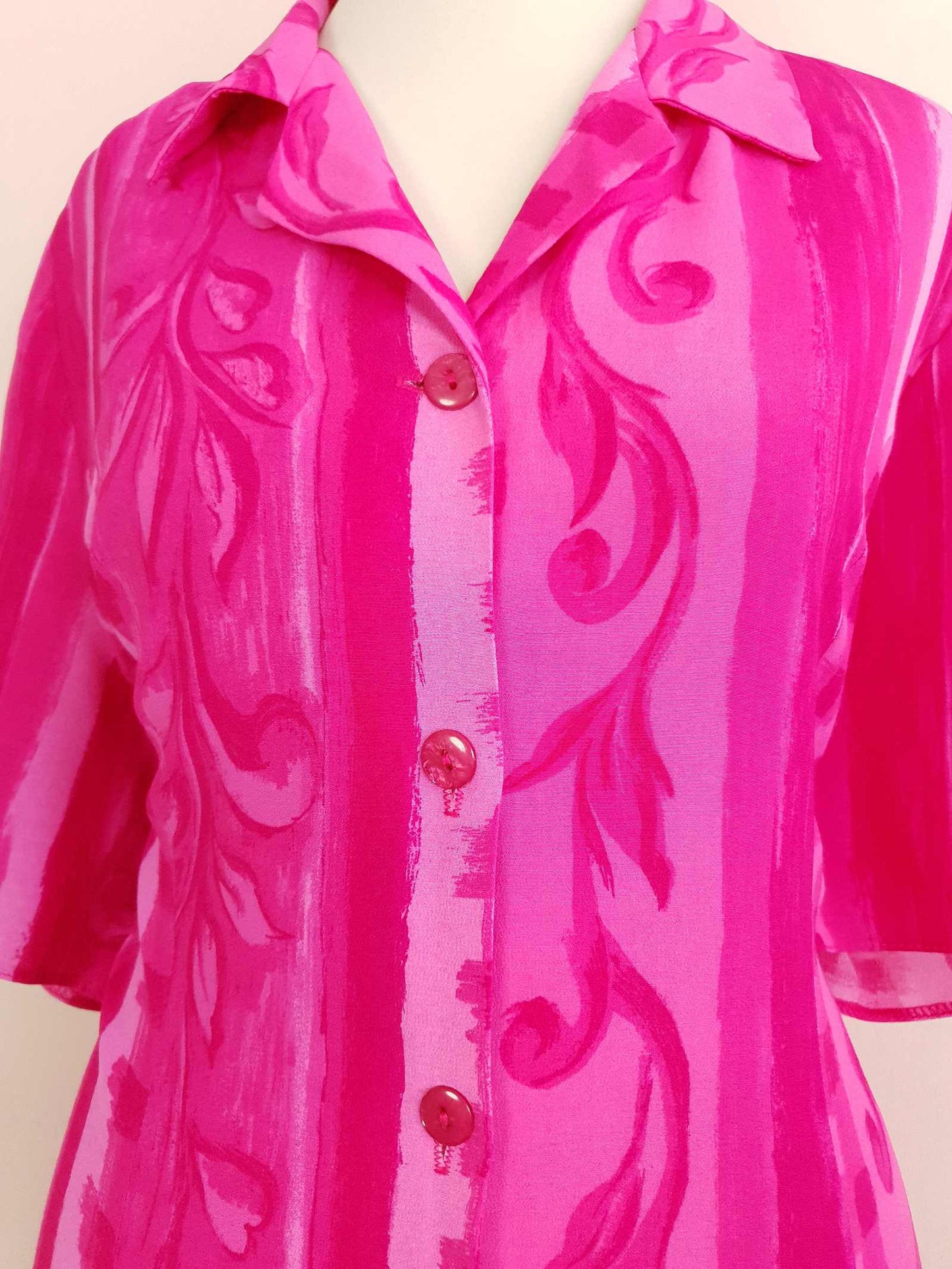 Vintage 1980s Cerise Pink Dress Midi Size 16 Retro Stripes Leaves