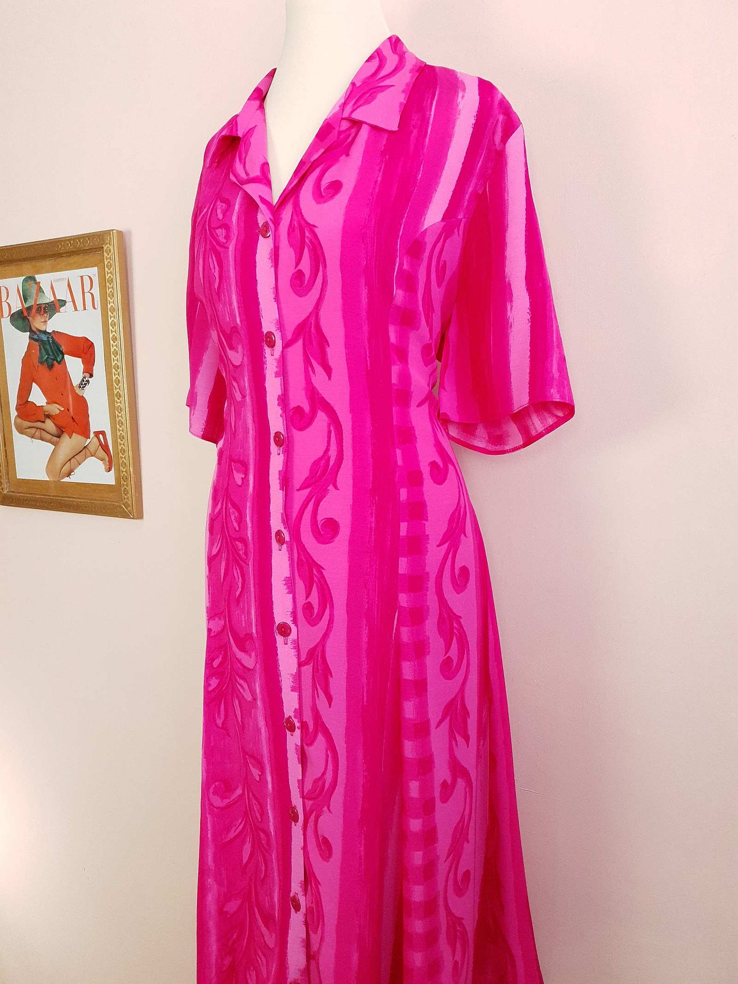 Vintage 1980s Cerise Pink Dress Midi Size 16 Retro Stripes Leaves
