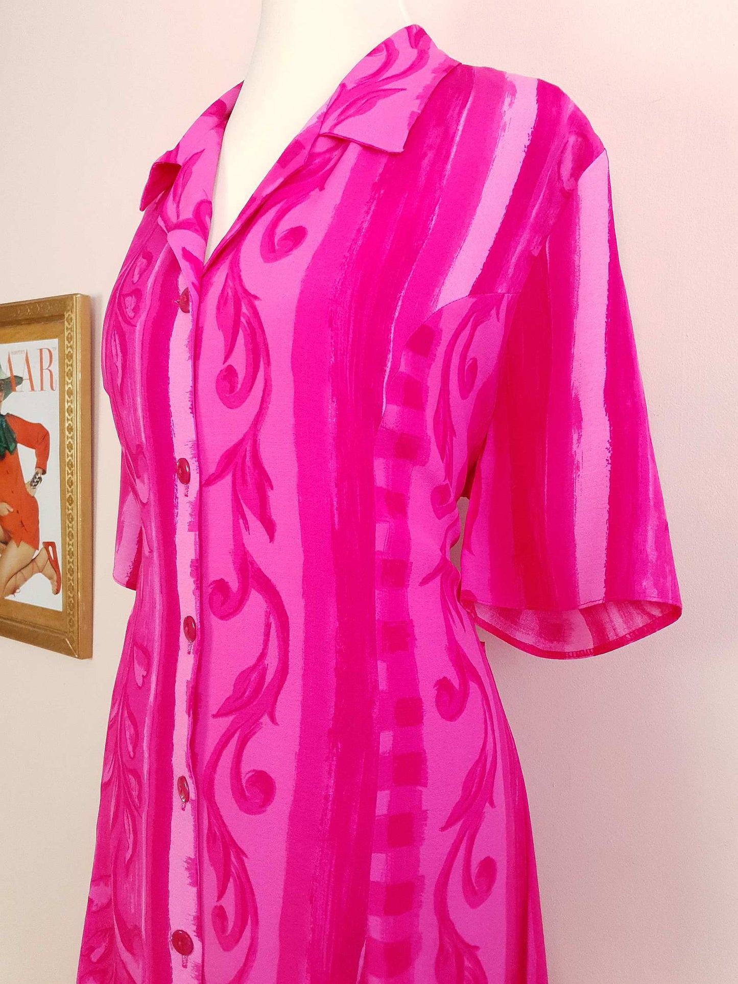 Vintage 1980s Cerise Pink Dress Midi Size 16 Retro Stripes Leaves