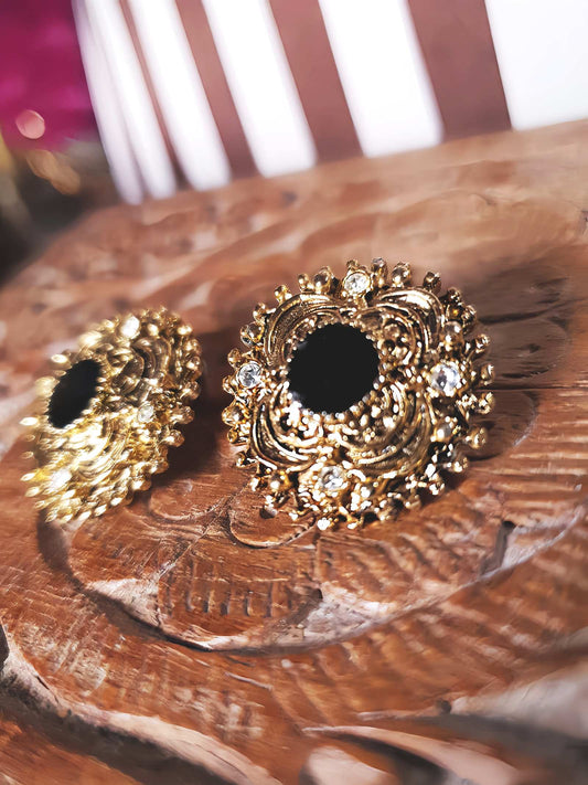 Vintage Etruscan Revival Earrings Rhinestone Black Enamel 1980s Boho Bohemian