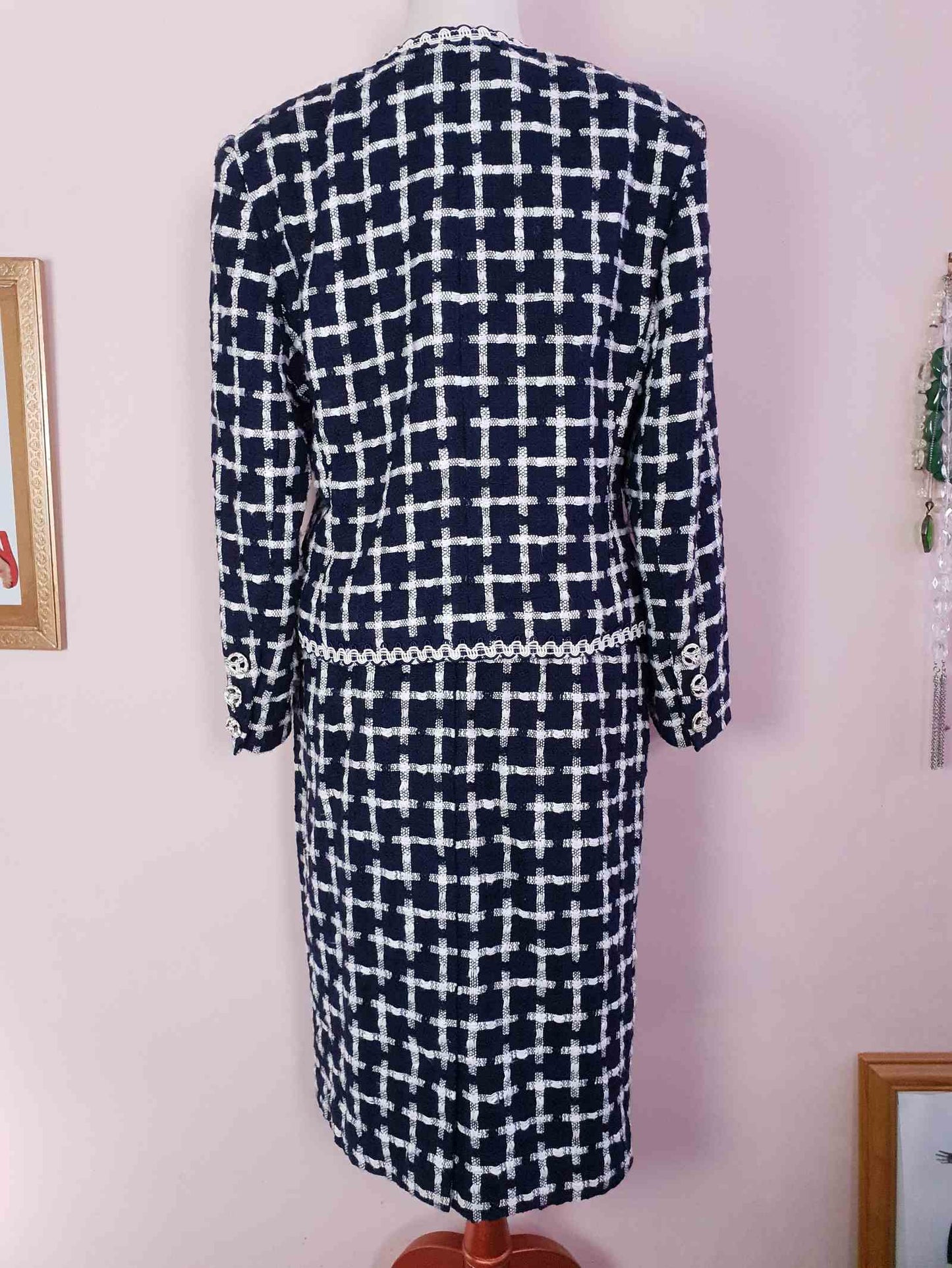 Vintage Jaeger Tweed Skirt Suit 1980s Navy and White Check Size 10/12