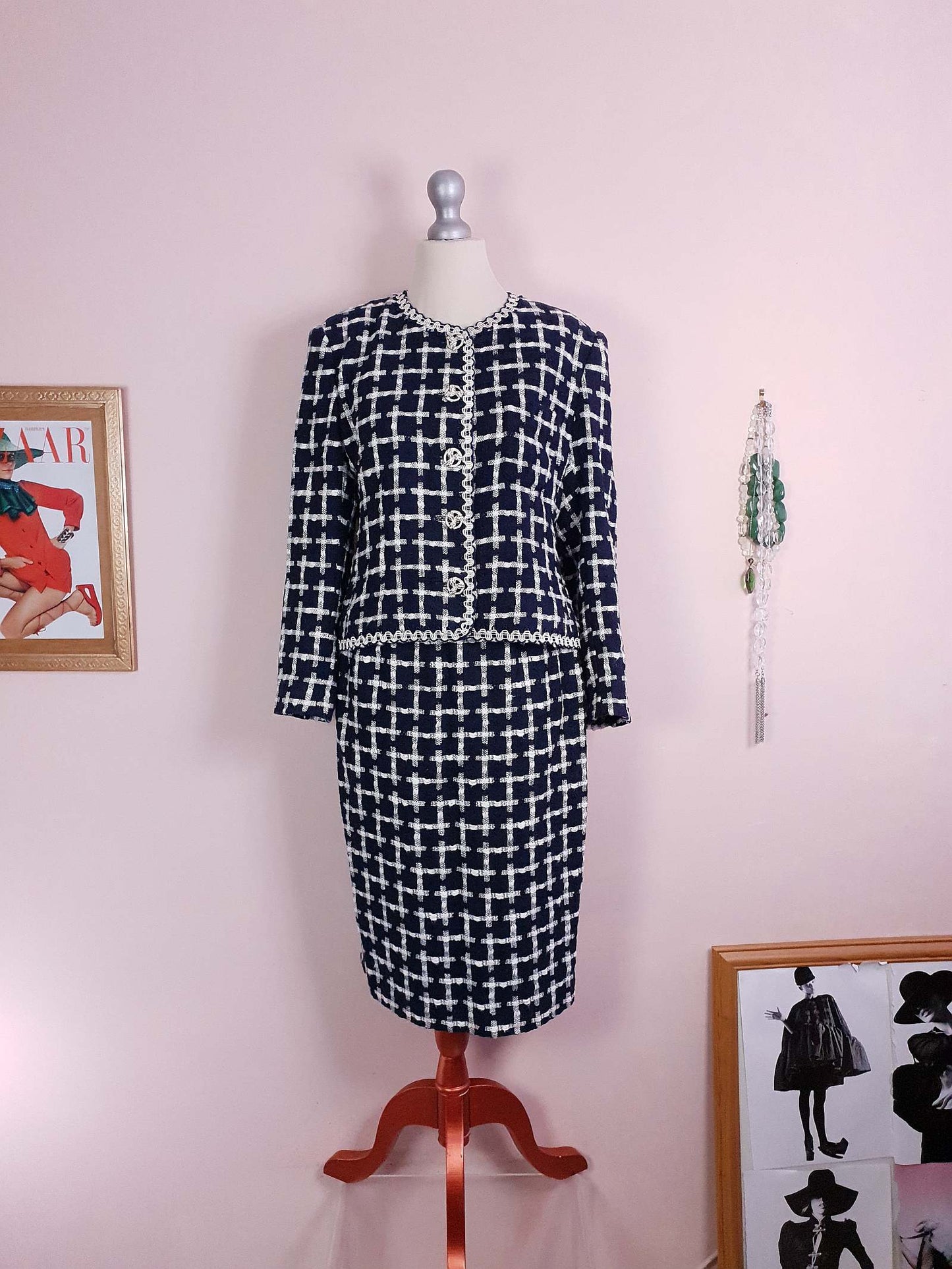 Vintage Jaeger Tweed Skirt Suit 1980s Navy and White Check Size 10/12