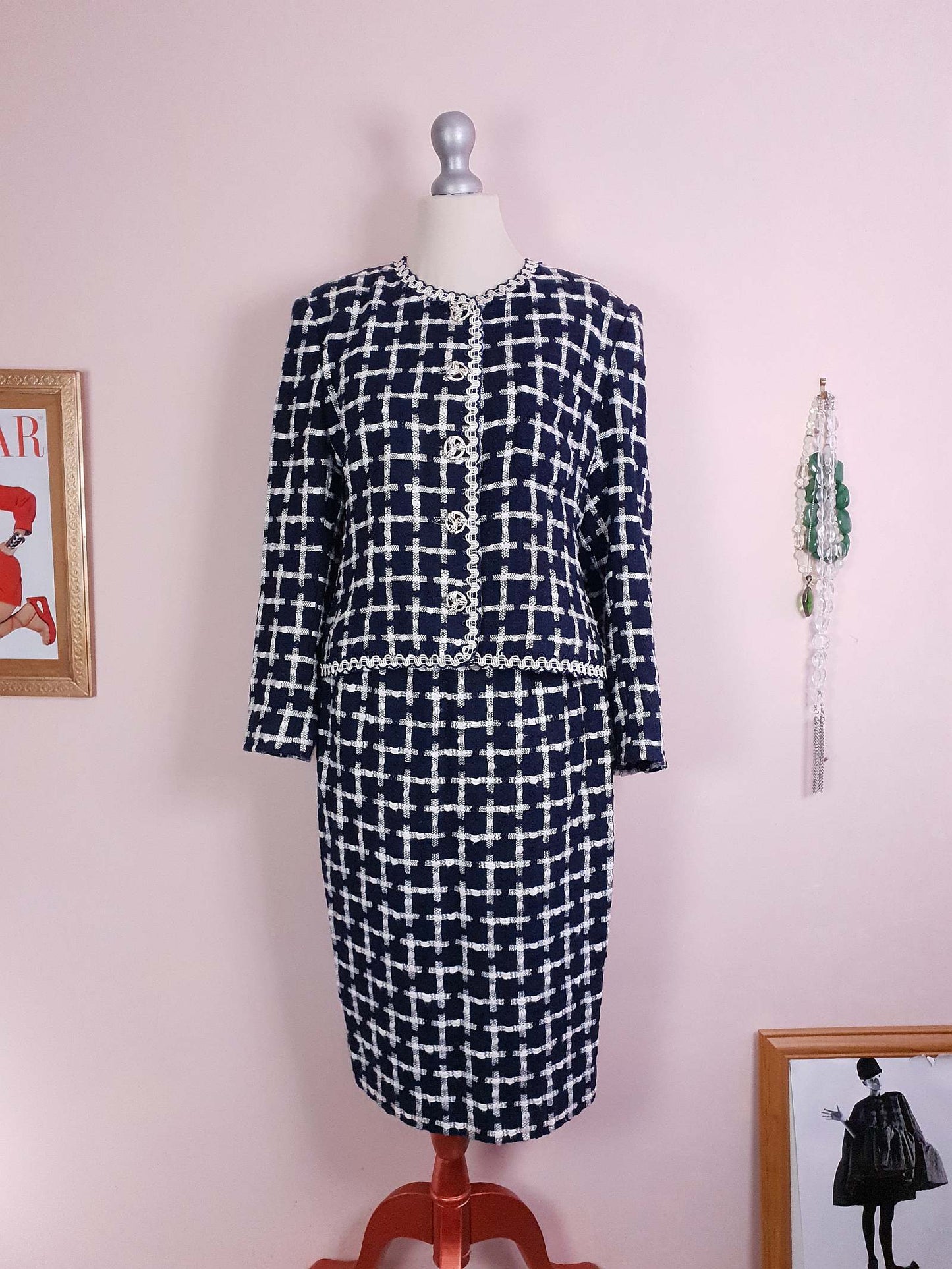 Vintage Jaeger Tweed Skirt Suit 1980s Navy and White Check Size 10/12