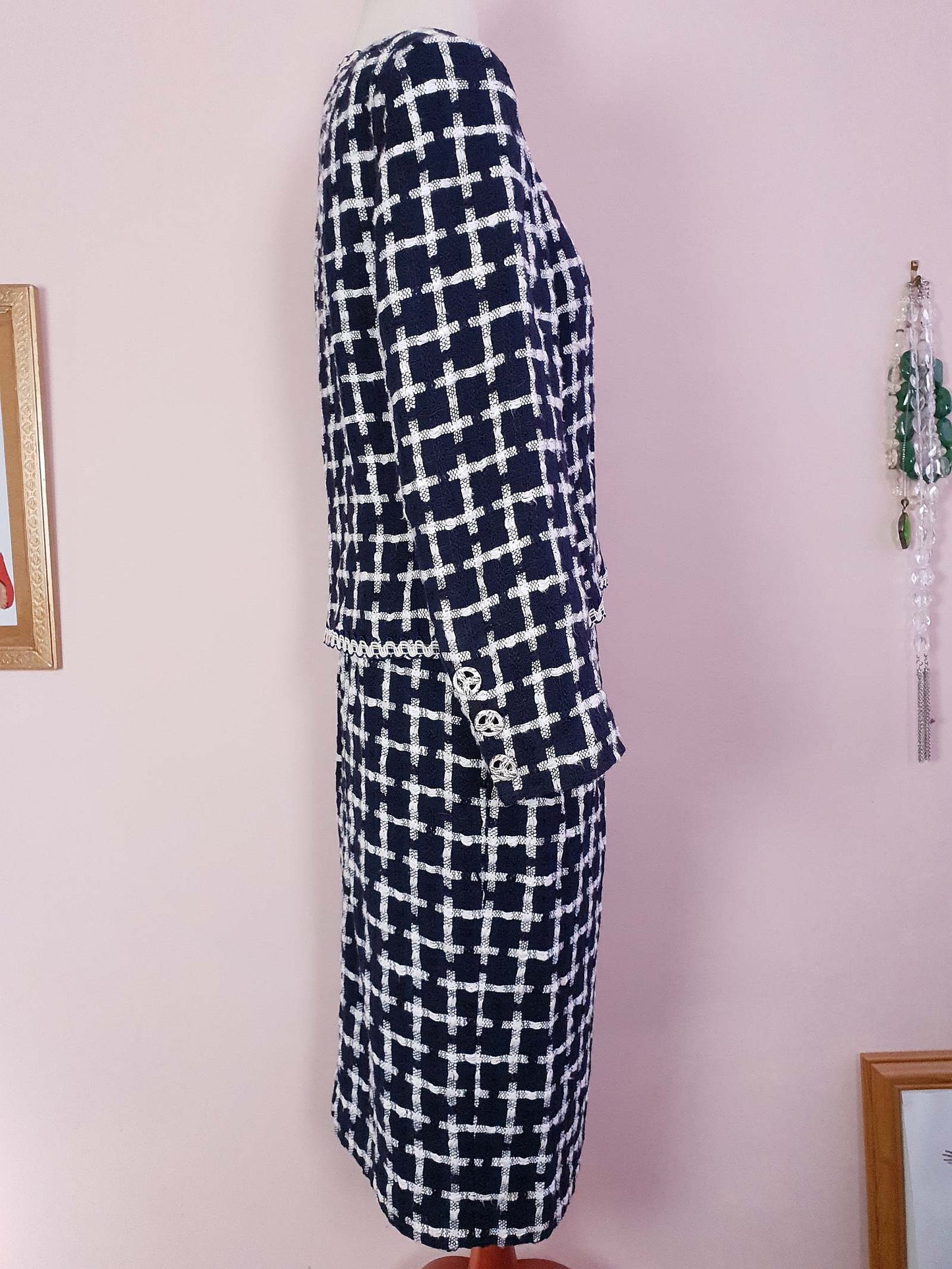 Vintage Jaeger Tweed Skirt Suit 1980s Navy and White Check Size 10/12