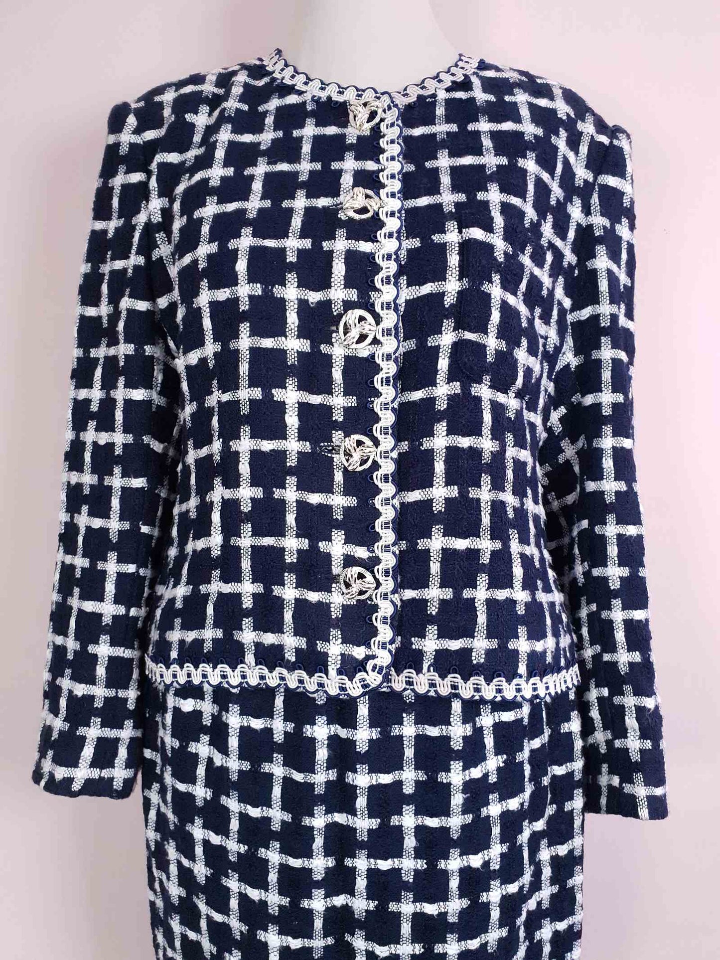 Vintage Jaeger Tweed Skirt Suit 1980s Navy and White Check Size 10/12