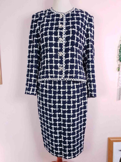 Vintage Jaeger Tweed Skirt Suit 1980s Navy and White Check Size 10/12