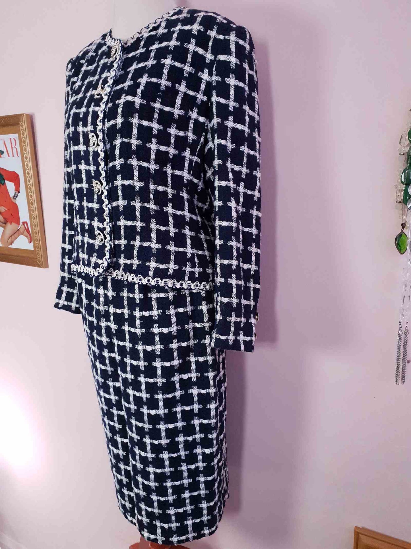 Vintage Jaeger Tweed Skirt Suit 1980s Navy and White Check Size 10/12