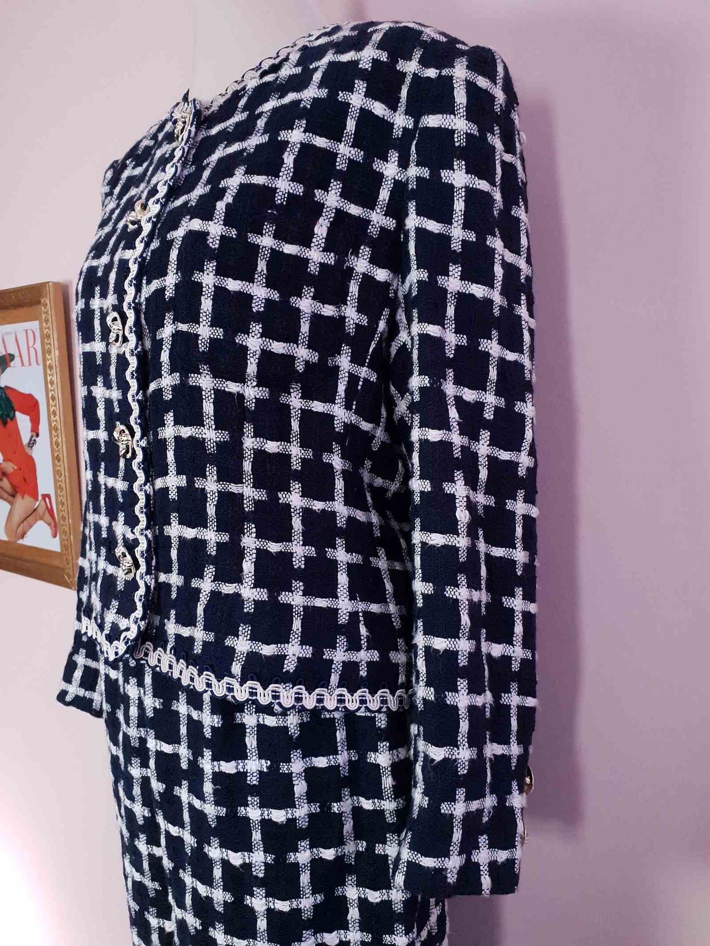 Vintage Jaeger Tweed Skirt Suit 1980s Navy and White Check Size 10/12