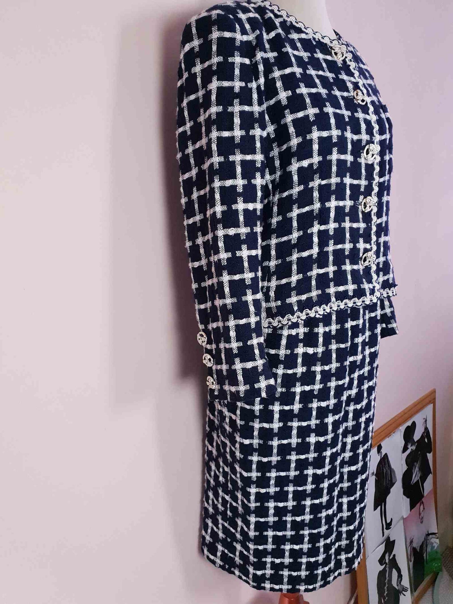 Vintage Jaeger Tweed Skirt Suit 1980s Navy and White Check Size 10/12