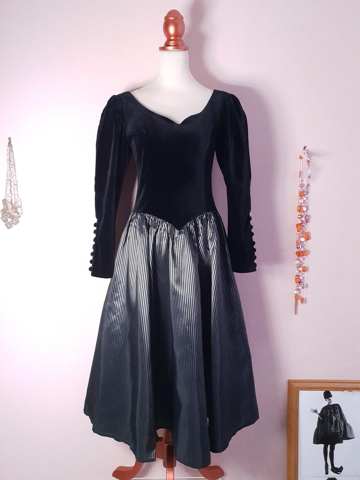 Fabulous Vintage 1980s Laura Ashley Black Velvet and Taffeta Dress - Size 8/10