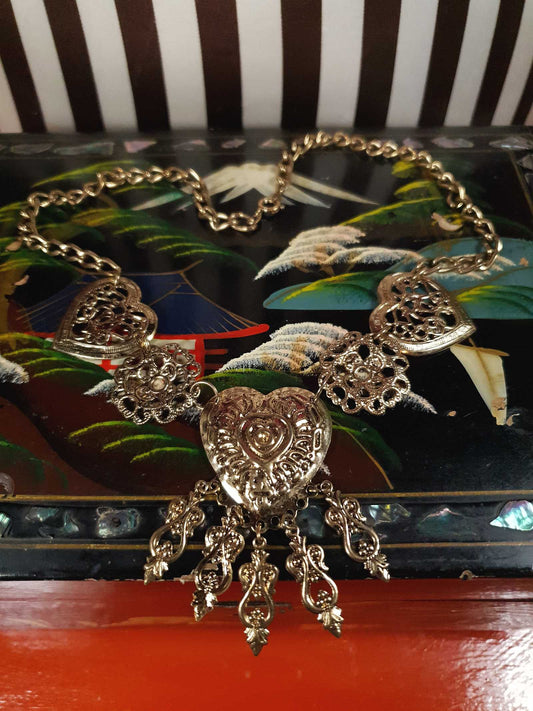 Vintage 1980s Filagree Heart Boho Necklace Bohemian Scrollwork