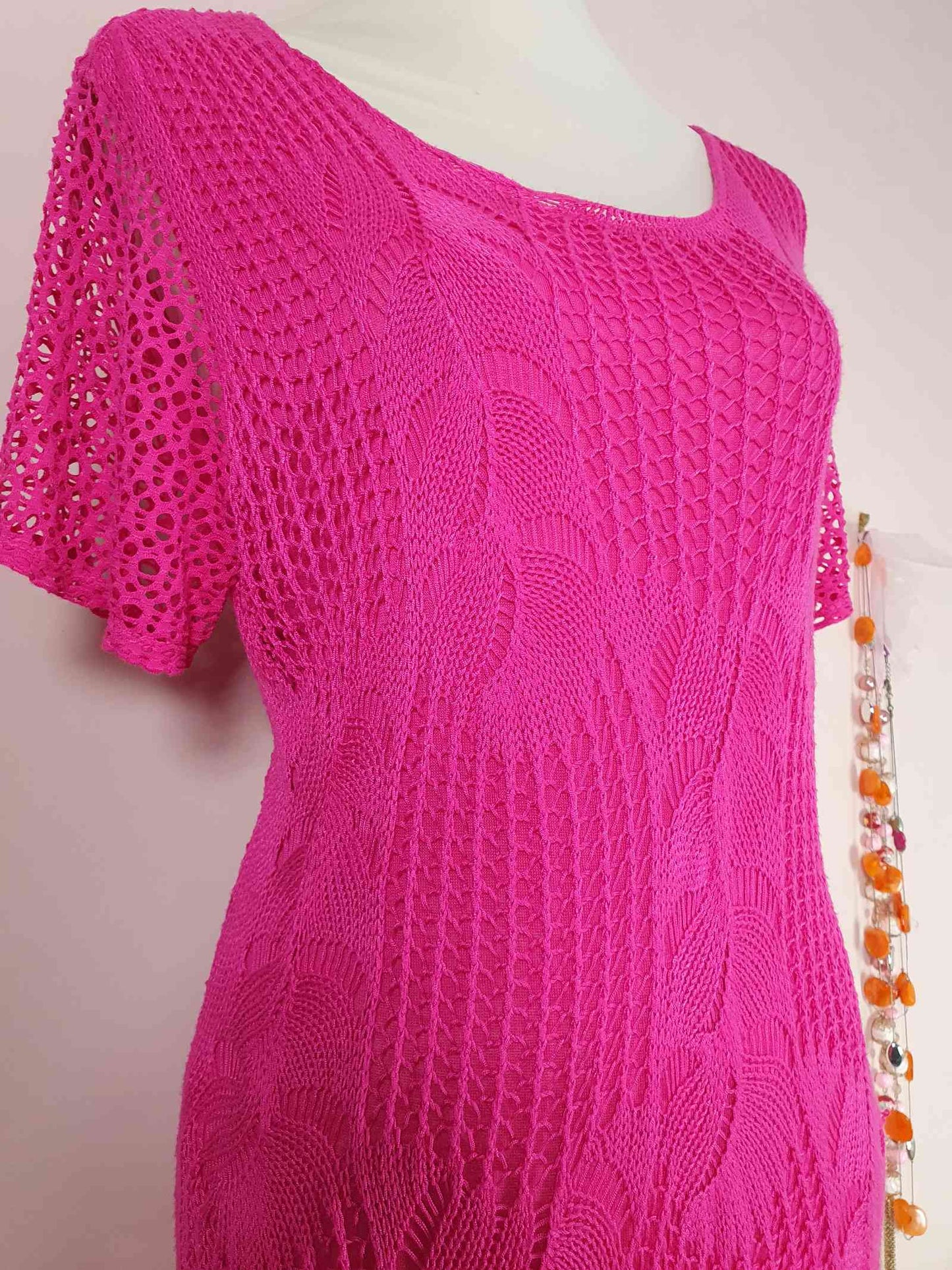 Cute Bright Cerise Pink 1980s Vintage Crochet Mini Dress - Size 12/14