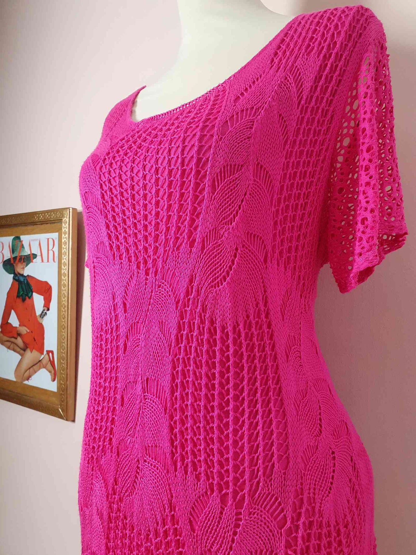 Cute Bright Cerise Pink 1980s Vintage Crochet Mini Dress - Size 12/14