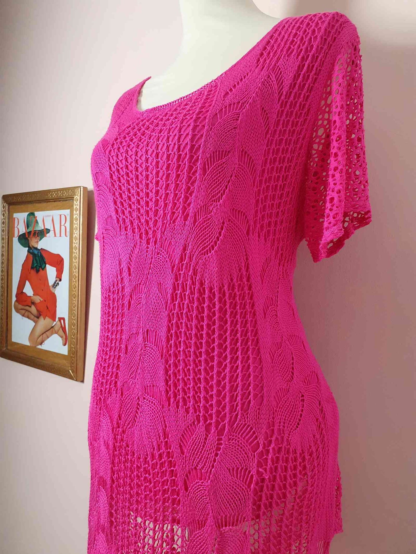 Cute Bright Cerise Pink 1980s Vintage Crochet Mini Dress - Size 12/14