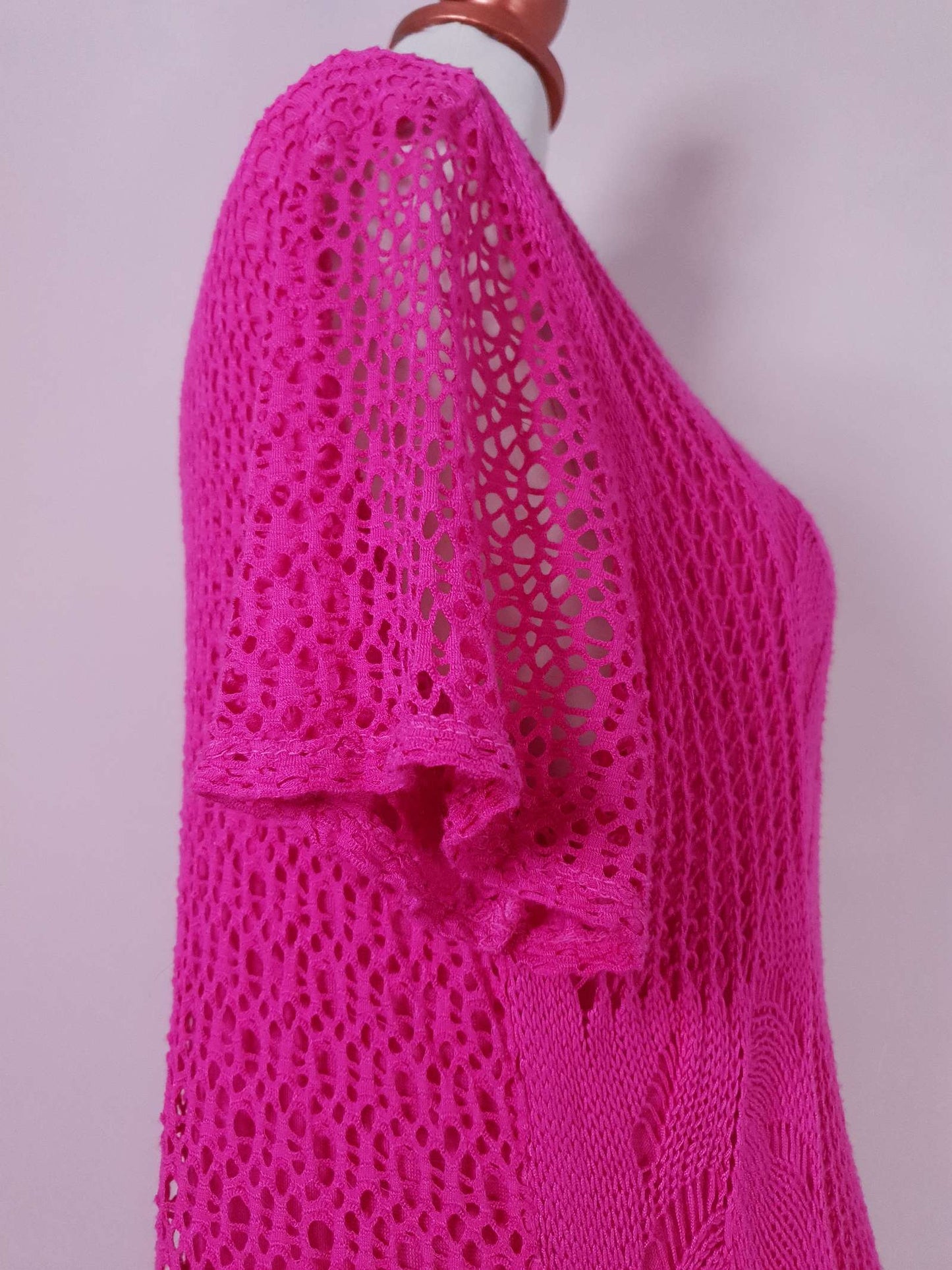 Cute Bright Cerise Pink 1980s Vintage Crochet Mini Dress - Size 12/14