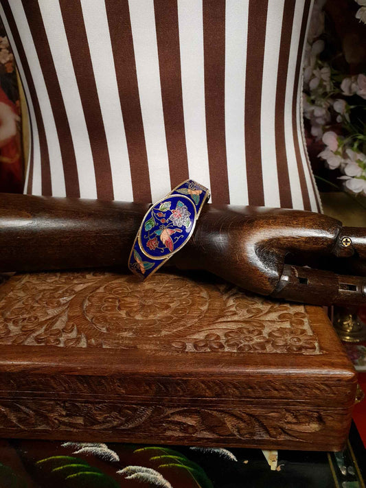 Vintage 1980s Cloisonne Bangle Bracelet Butterfly Cobalt Blue Floral