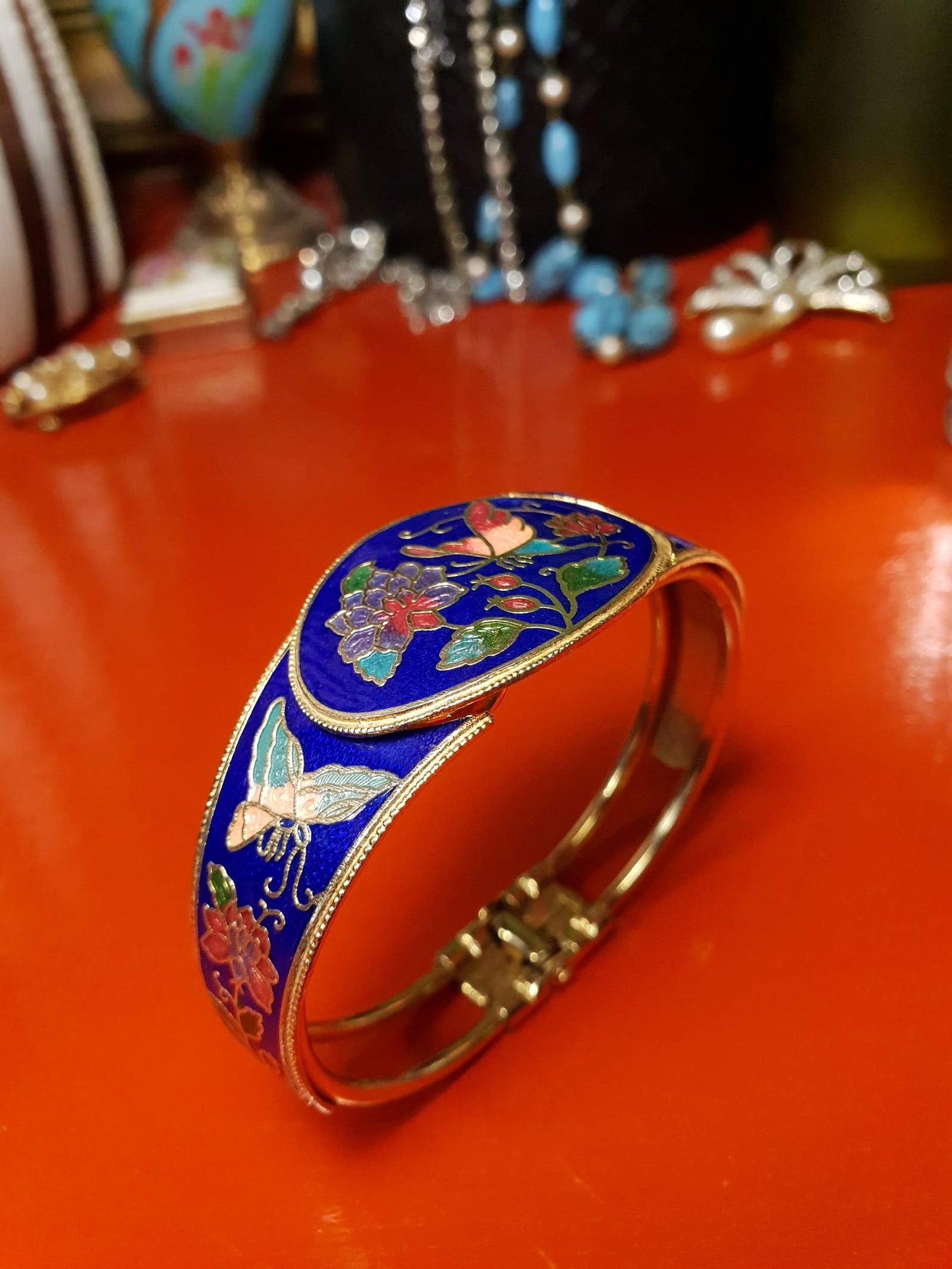 Vintage 1980s Cloisonne Bangle Bracelet Butterfly Cobalt Blue Floral