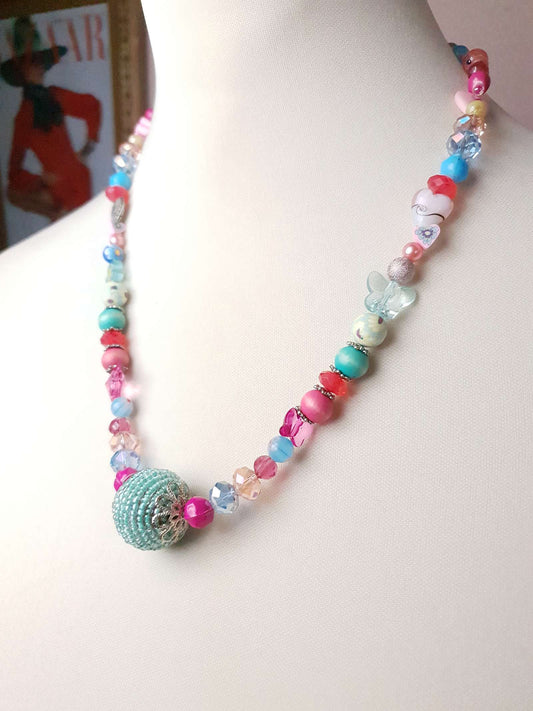 Vintage 1980s Millefiori Butterfly Necklace Pastel Blue Pink