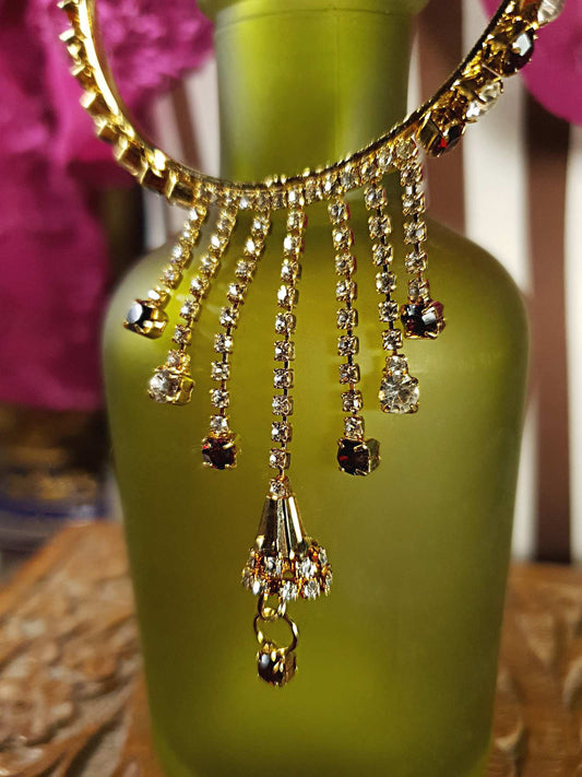 Vintage Red Rhinestone Bangle Charm Bracelet Crystal 1980s