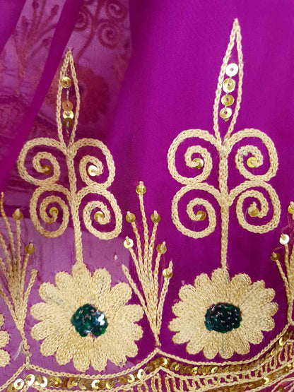 Beautiful 1970s Vintage Embroidered Cerise Chiffon Bohemian Dress - Size 12/14