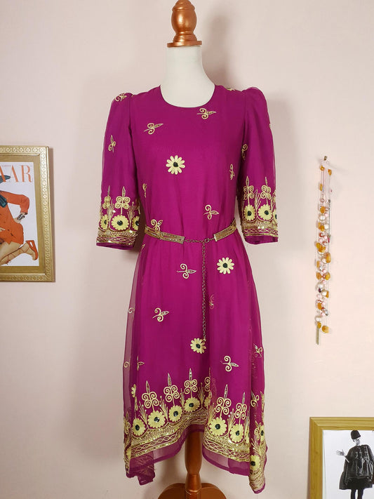 Beautiful 1970s Vintage Embroidered Cerise Chiffon Bohemian Dress - Size 12/14