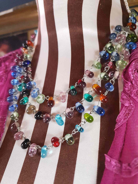 Vintage 90s Art Glass Necklace 15" - 17" Boho Multi-Coloured Three Tiers Artisan