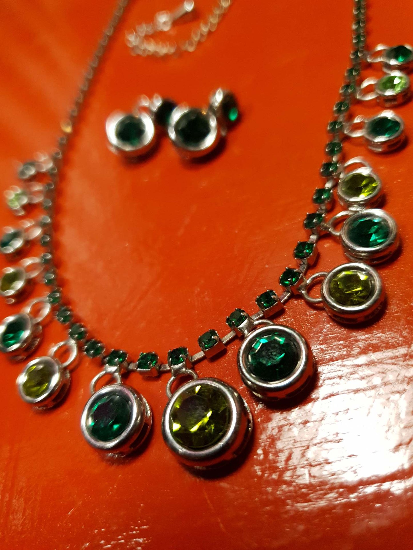 Vintage 90s Green Rhinestone Necklace Earrings Set Demi Parure