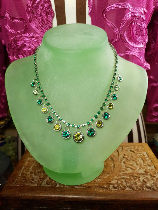 Vintage 90s Green Rhinestone Necklace Earrings Set Demi Parure