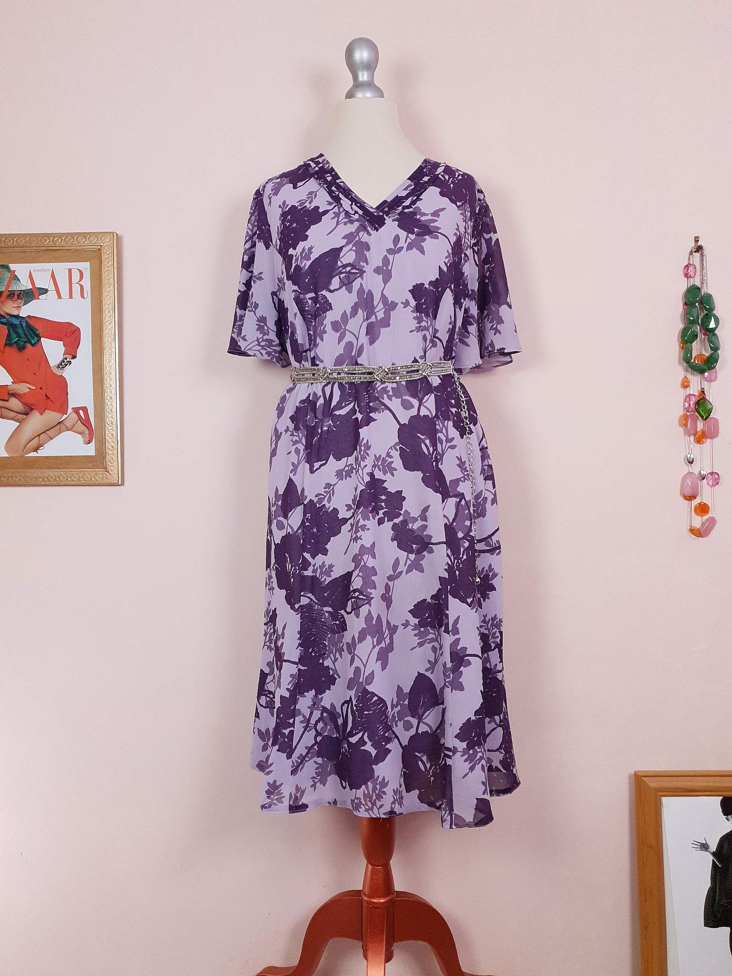 Vintage 90s Purple Floral Dress Boho Midi Lilac Chiffon Purple Flower Size 14