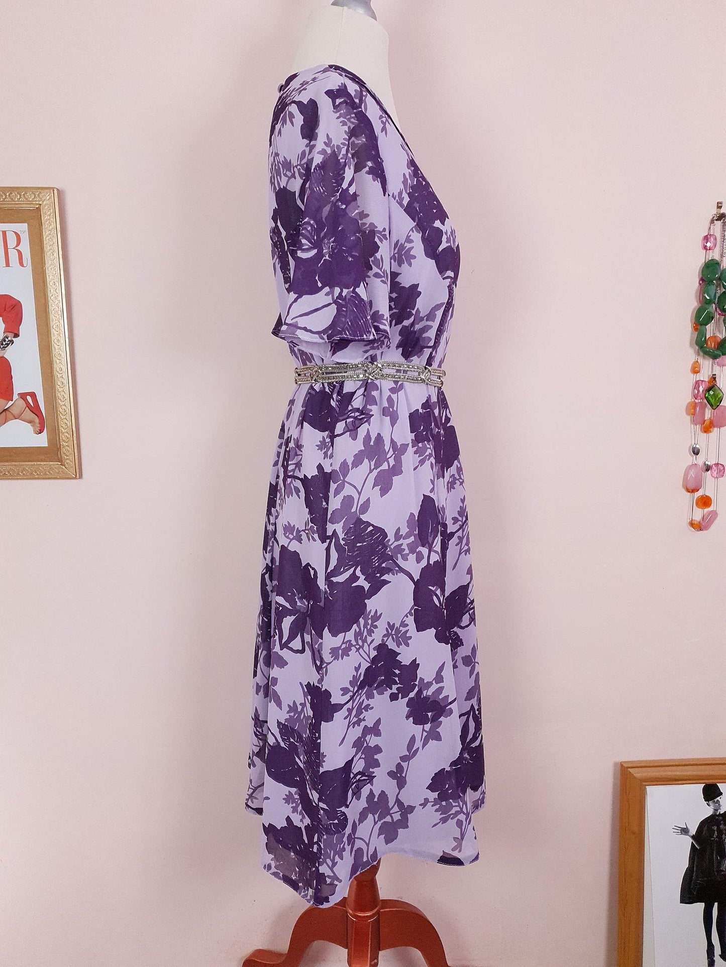 Vintage 90s Purple Floral Dress Boho Midi Lilac Chiffon Purple Flower Size 14